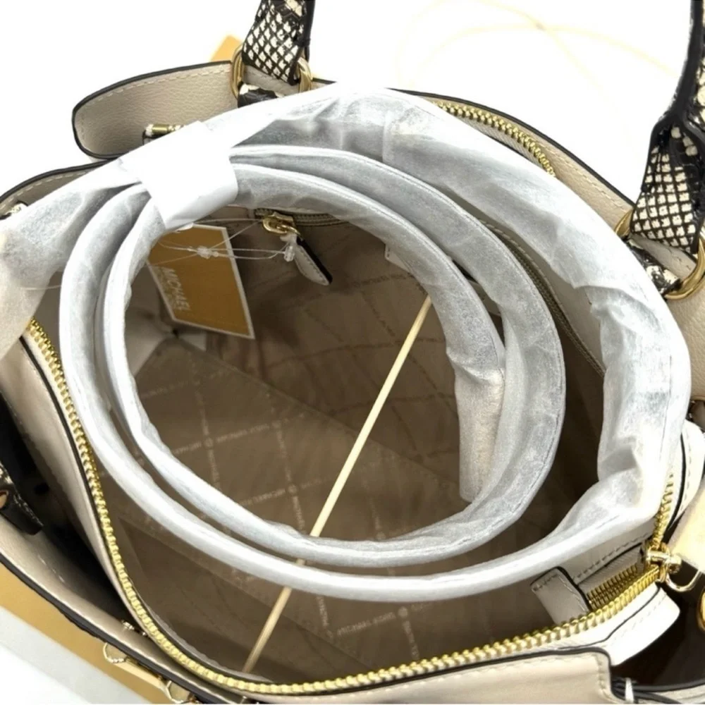 Michael Kors Reed Large Belted Satchel Crossbody Bag Light Cream Snakeskin
